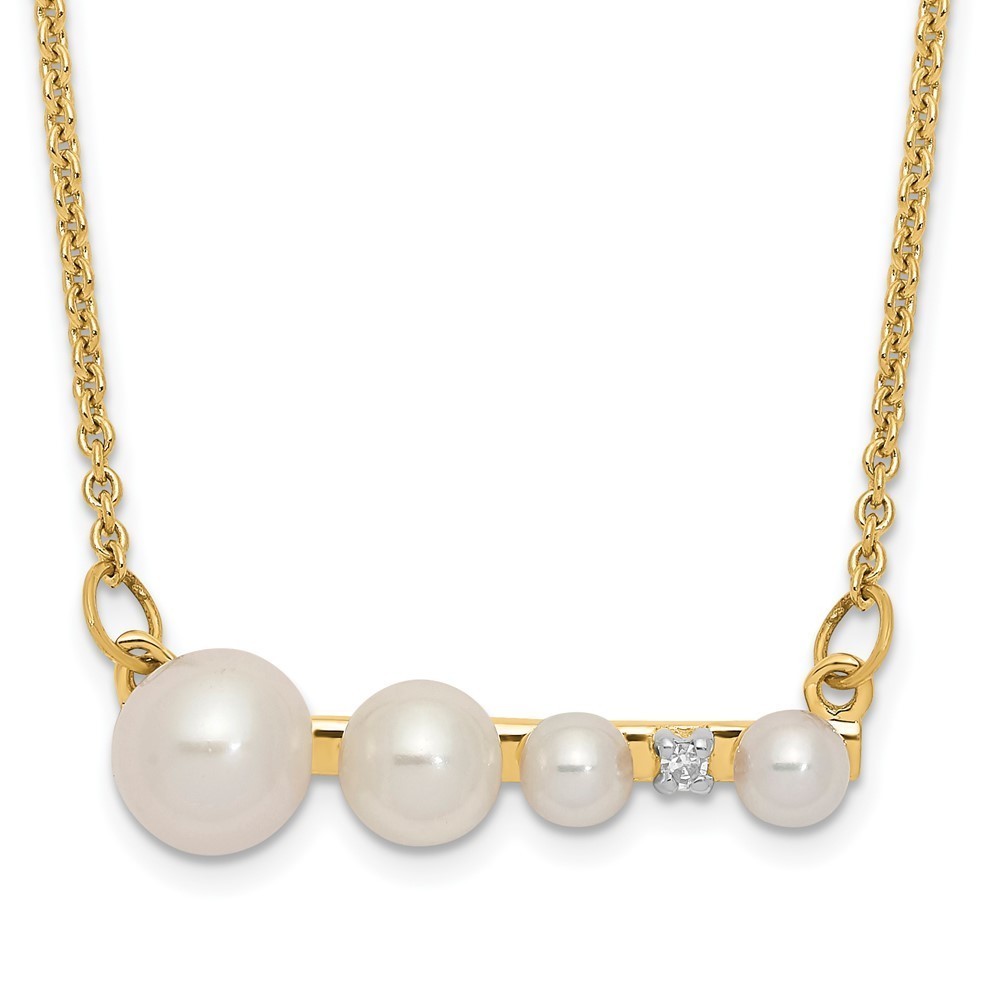 14k Yellow Gold White Round FW Cultured Graduated Pearl Diamond Necklace
